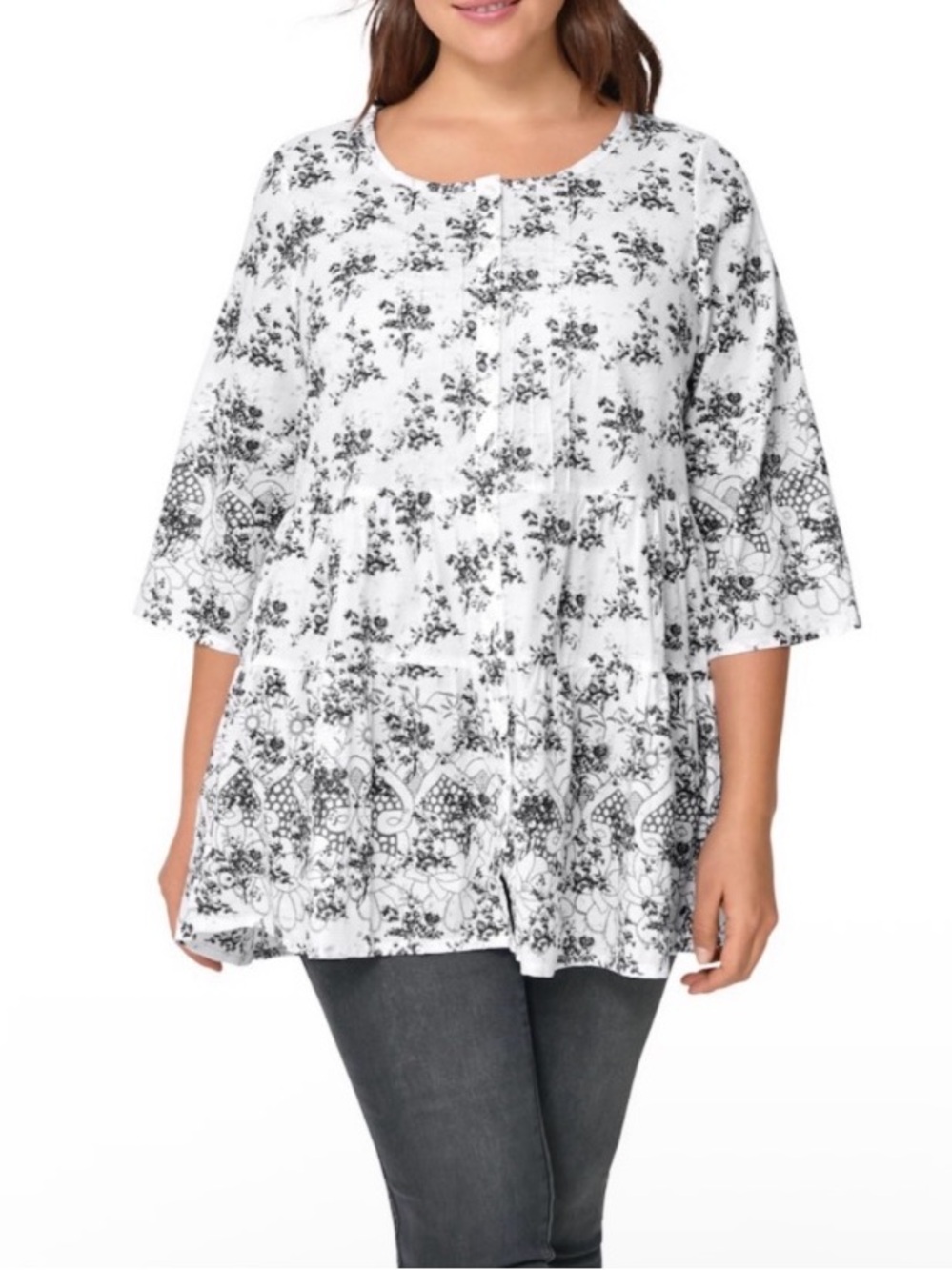 Ellos Black & White Floral Tiered Babydoll Tunic Top Button Down Shirt 1X Boho